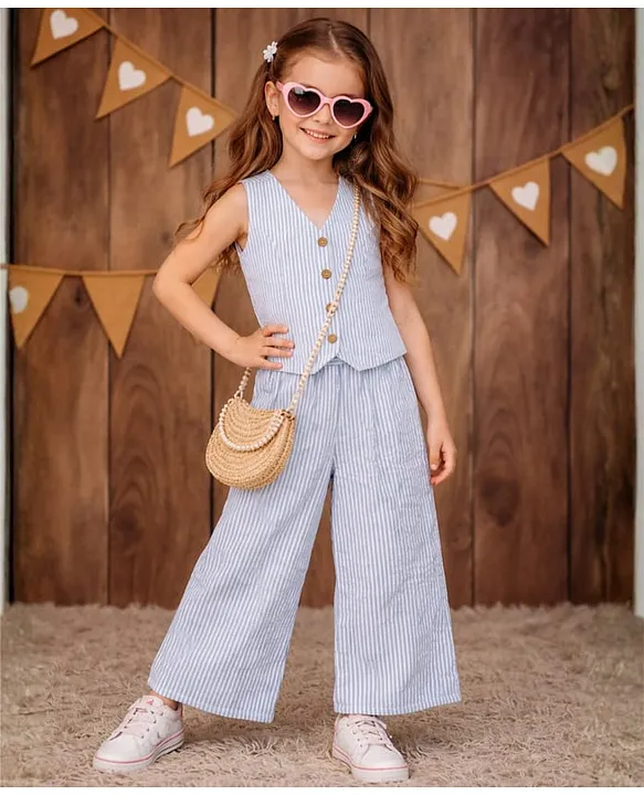 Cotton Woven Sleeveless Striped Coordinating Top & Pant Set - Blue